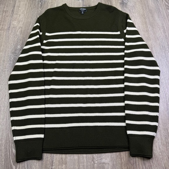 Todd Snyder Mens Olive Green White Striped Merino Wool Crew Neck Sweater Size M